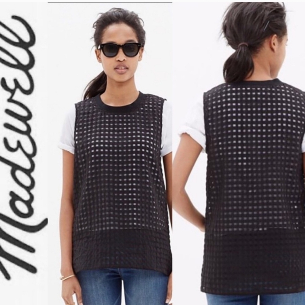 Madewell black grid check sheer lattice sleeveless top